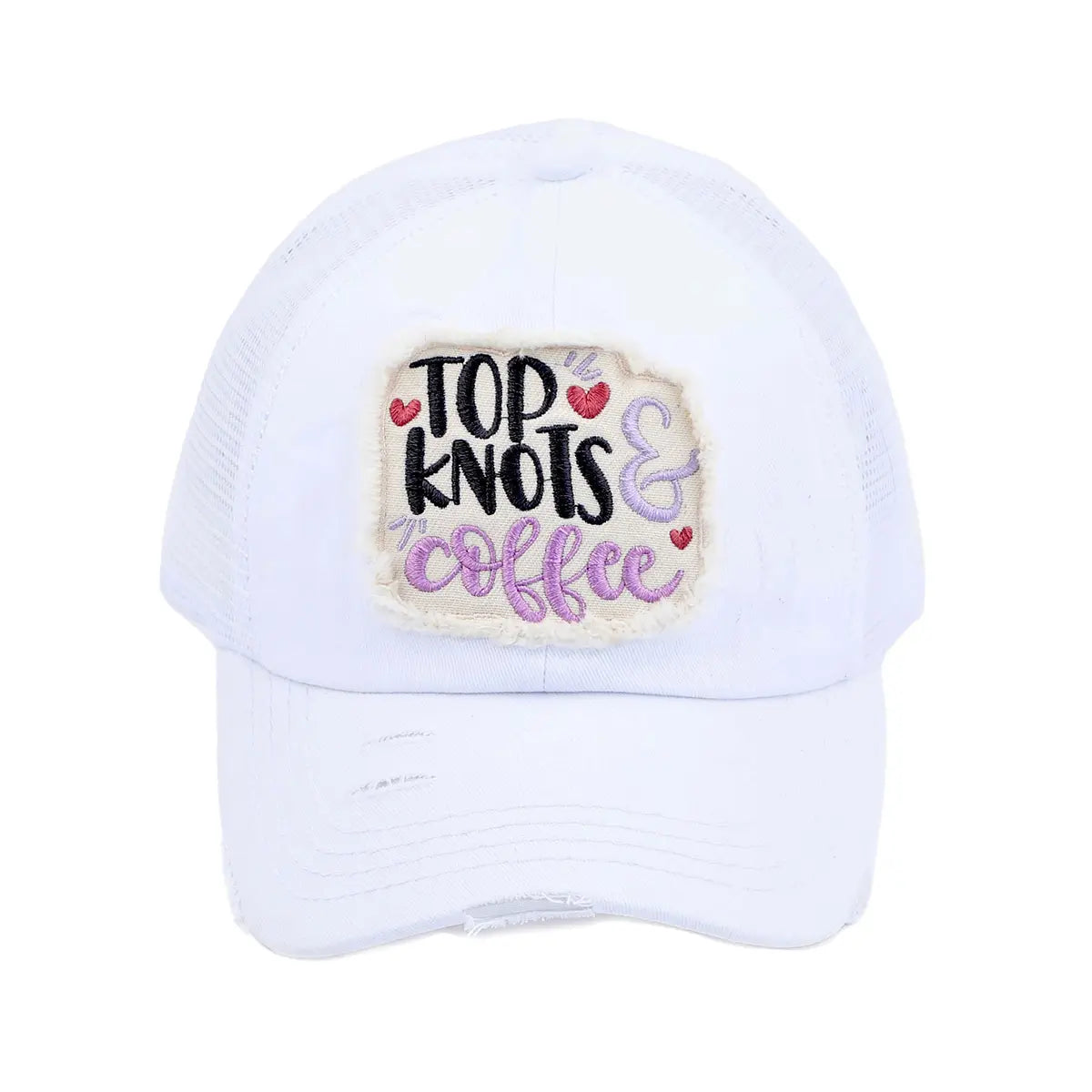 C.C Distressed Top Knots & Coffee Patch Criss-Cross Ponytail Baseball Cap