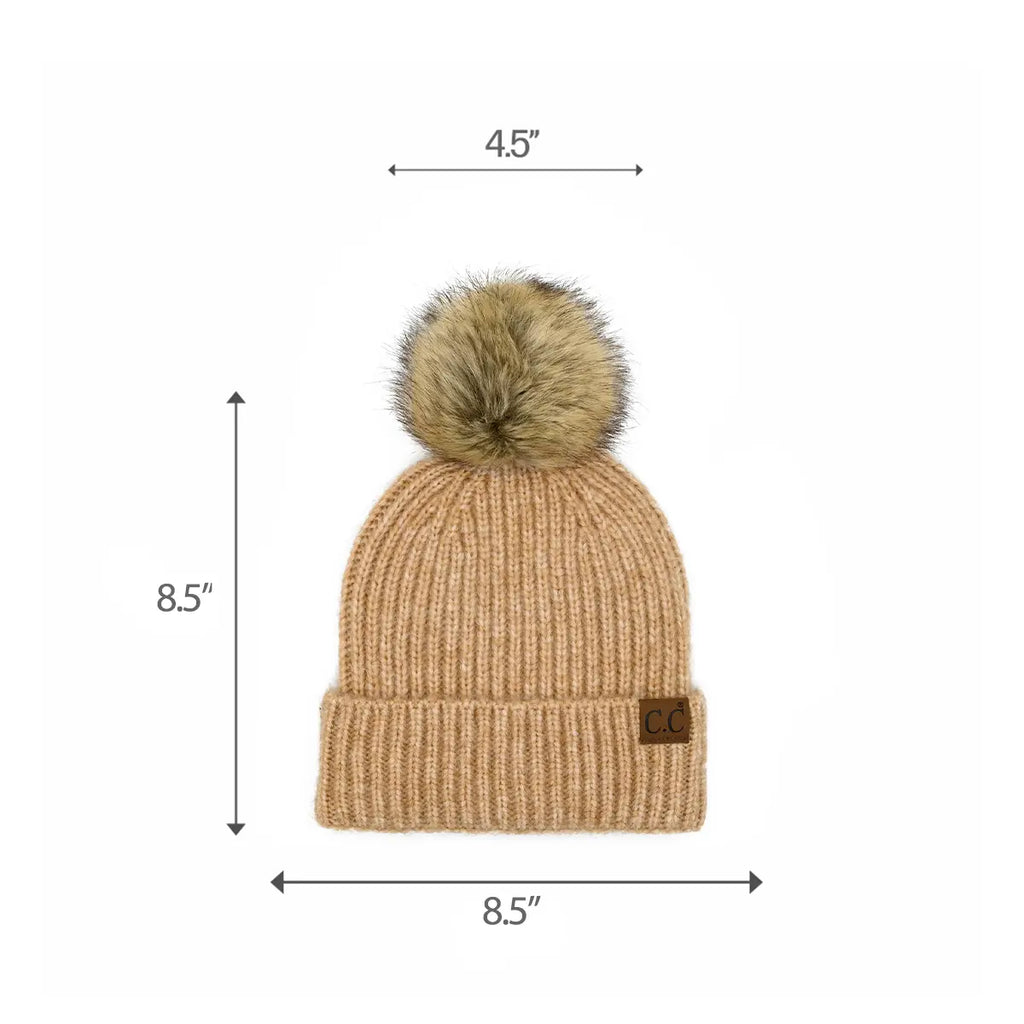 C.C Ribbed Knit Faux Fur Pom Beanie
