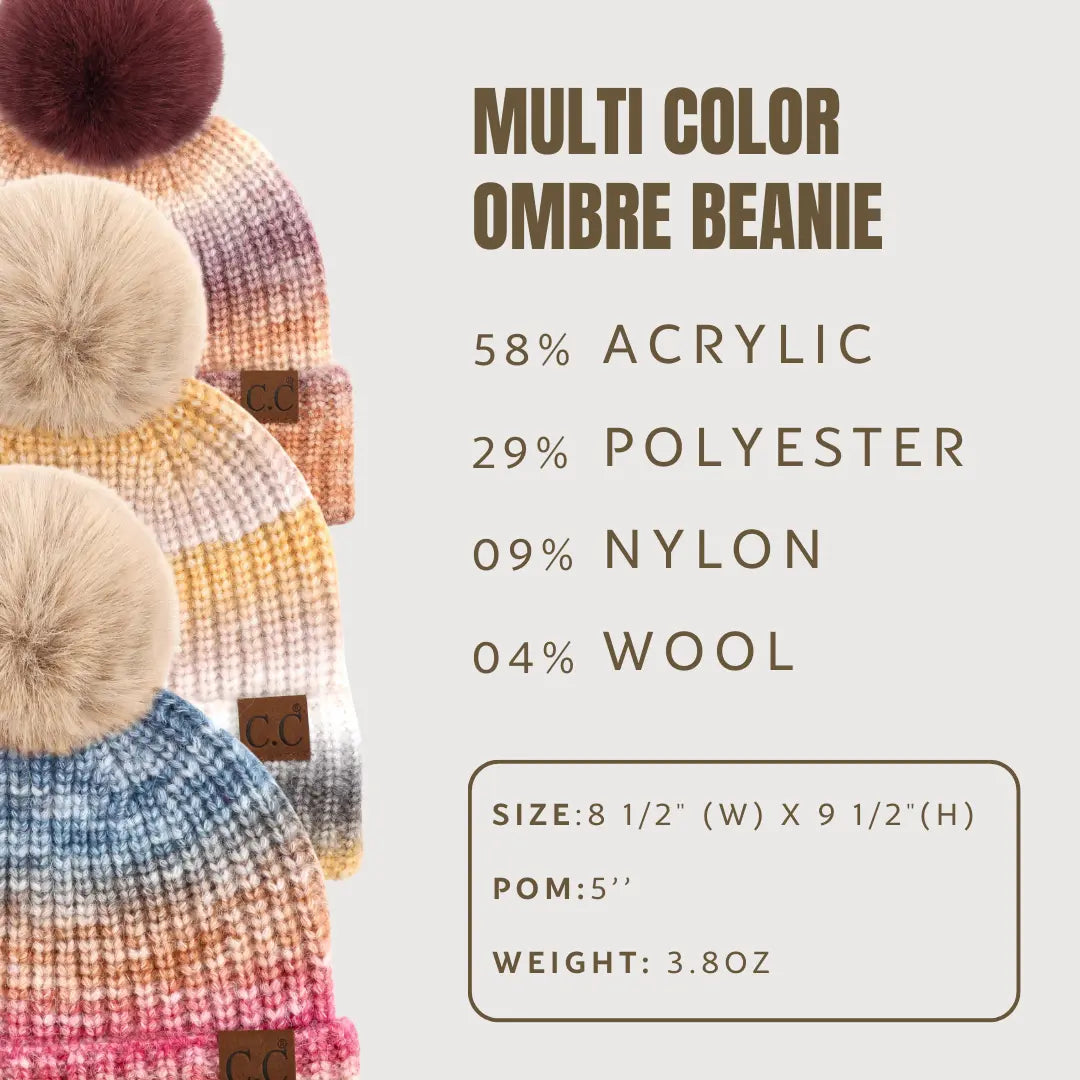 C.C Multi-Color Ombre Cuff Pom Beanie – Winter Knit Hat