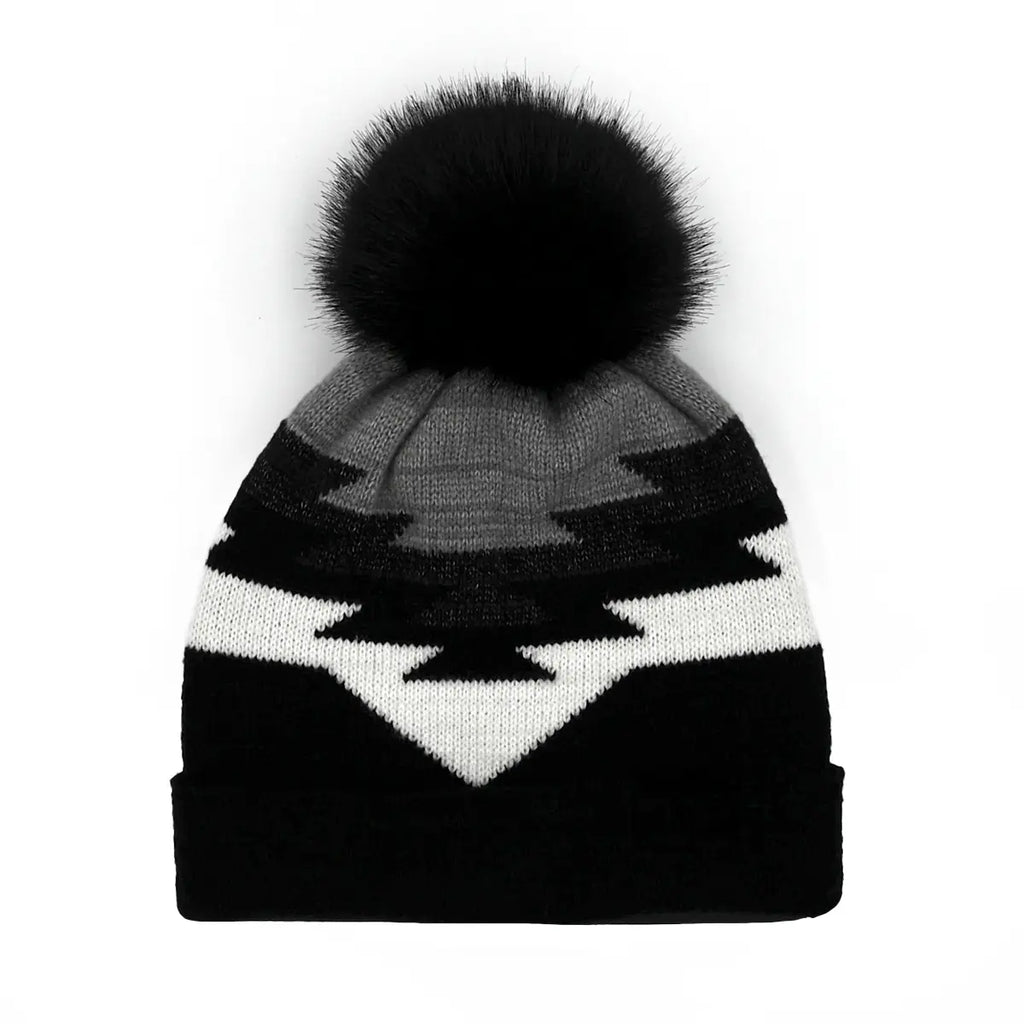 C.C Aztec Pattern Cuff Pom Beanie – Boho Geometric Knit Hat