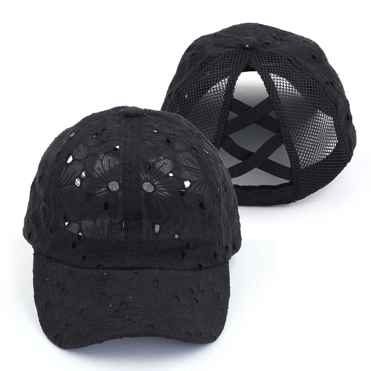 C.C Embroidered Eyelet Criss-Cross Ponytail Baseball Hat