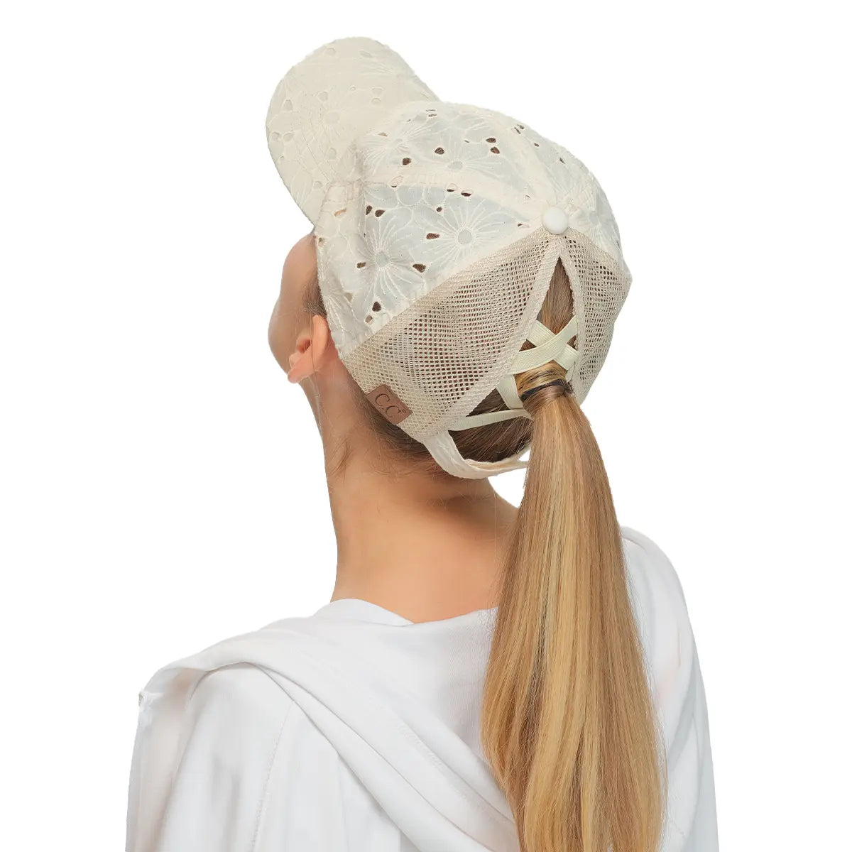 C.C Embroidered Eyelet Criss-Cross Ponytail Baseball Hat