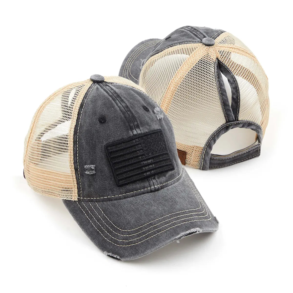 Distressed Tone & Tone Embroidered USA Flag Ponytail Cap
