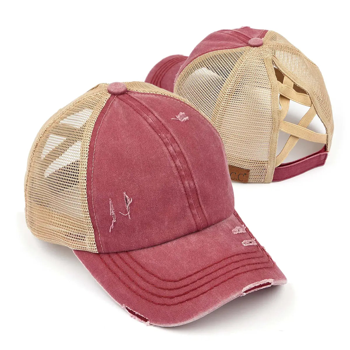Distressed Criss-Cross Ponytail Cap