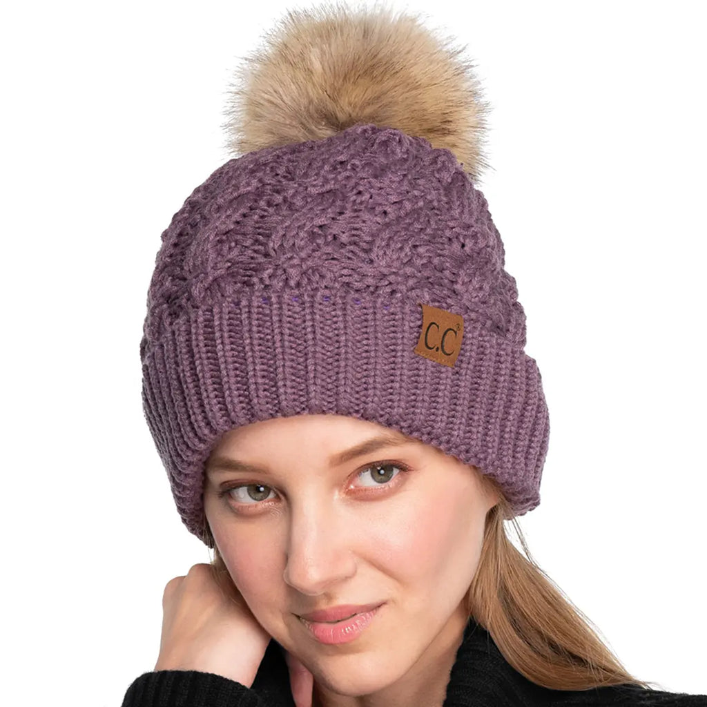 C.C Ribbed Knit Cuff Pom Beanie – Women's Fluffy Pom Winter Hat