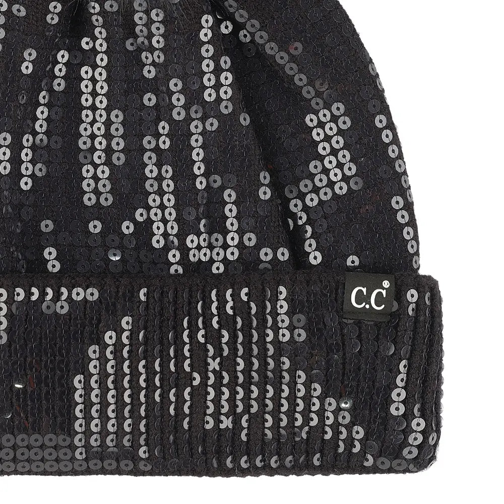 C.C Clear Sequin Cuff Pom Beanie