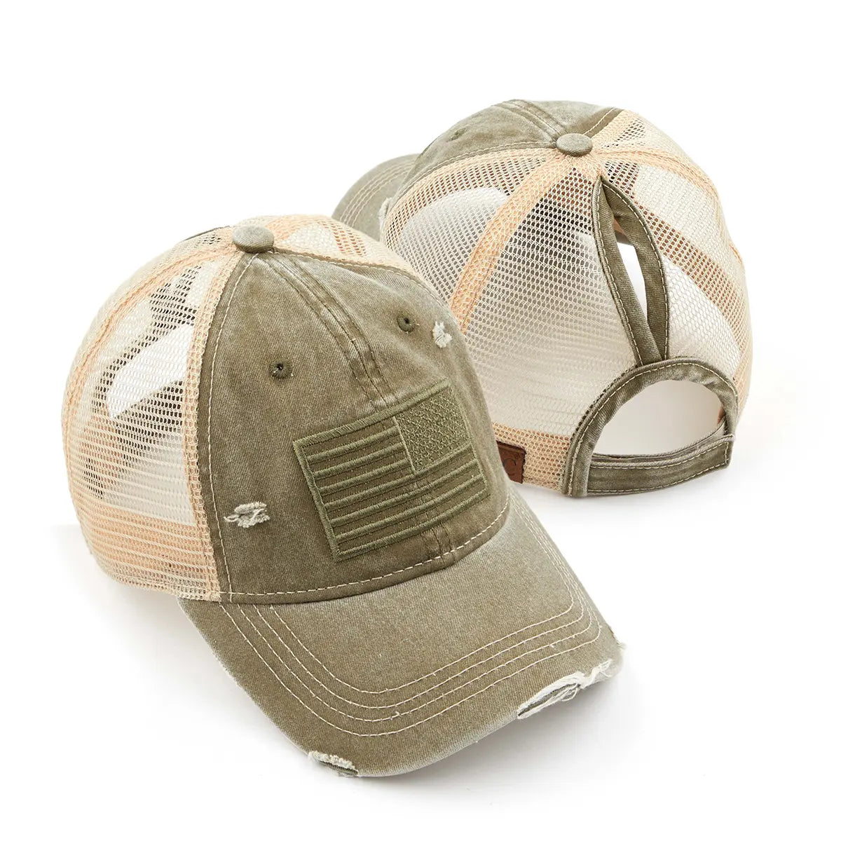 Distressed Tone & Tone Embroidered USA Flag Ponytail Cap