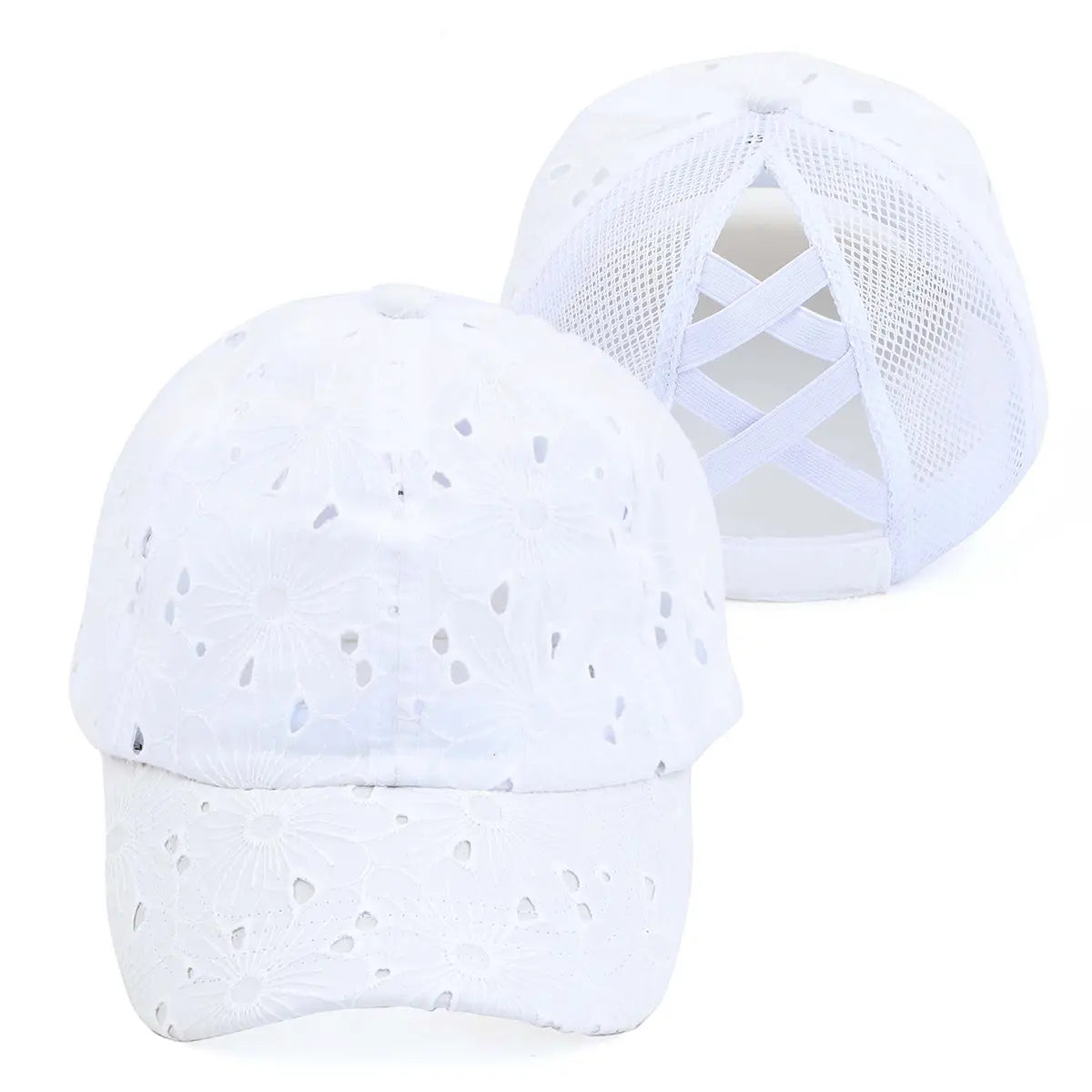C.C Embroidered Eyelet Criss-Cross Ponytail Baseball Hat