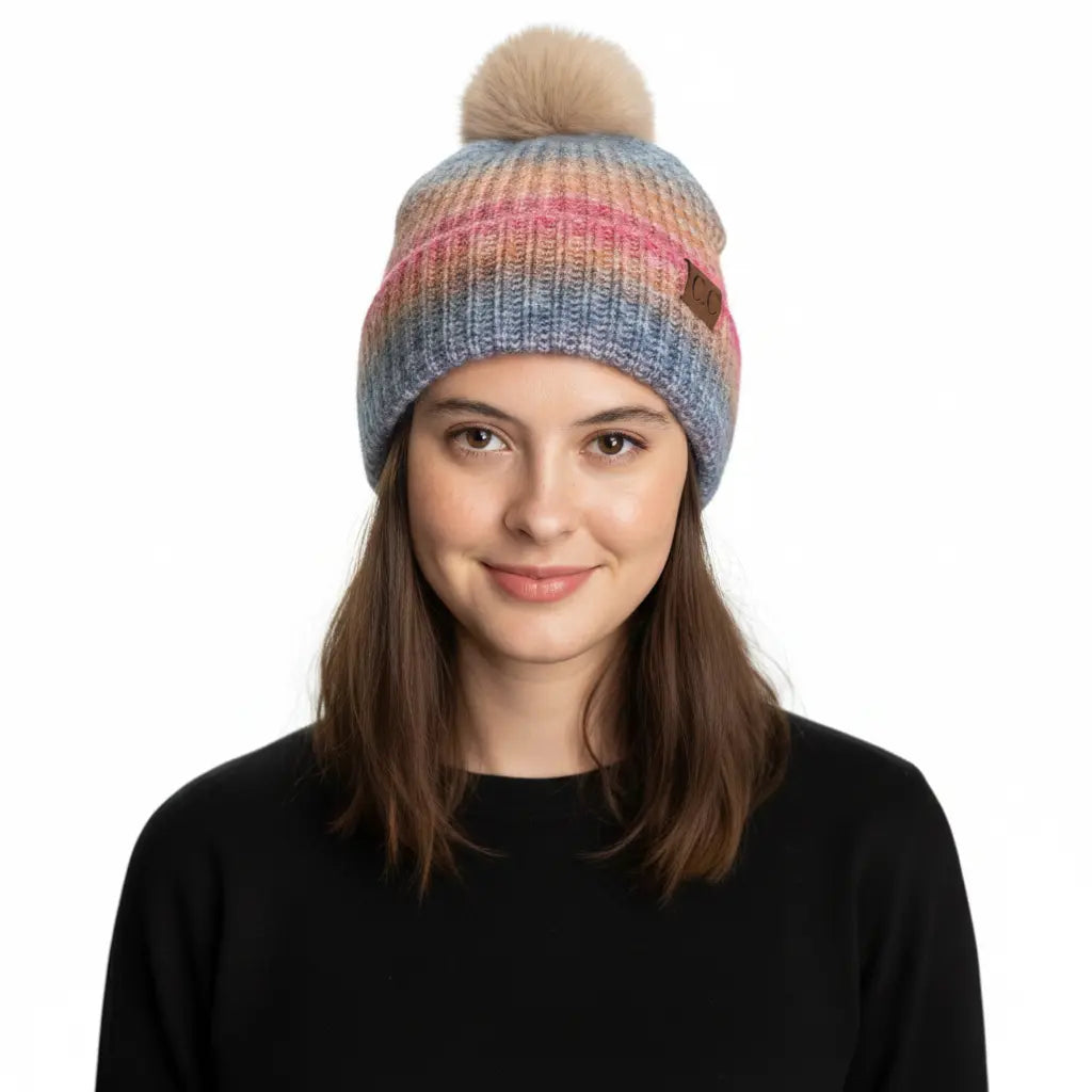 C.C Multi-Color Ombre Cuff Pom Beanie – Winter Knit Hat