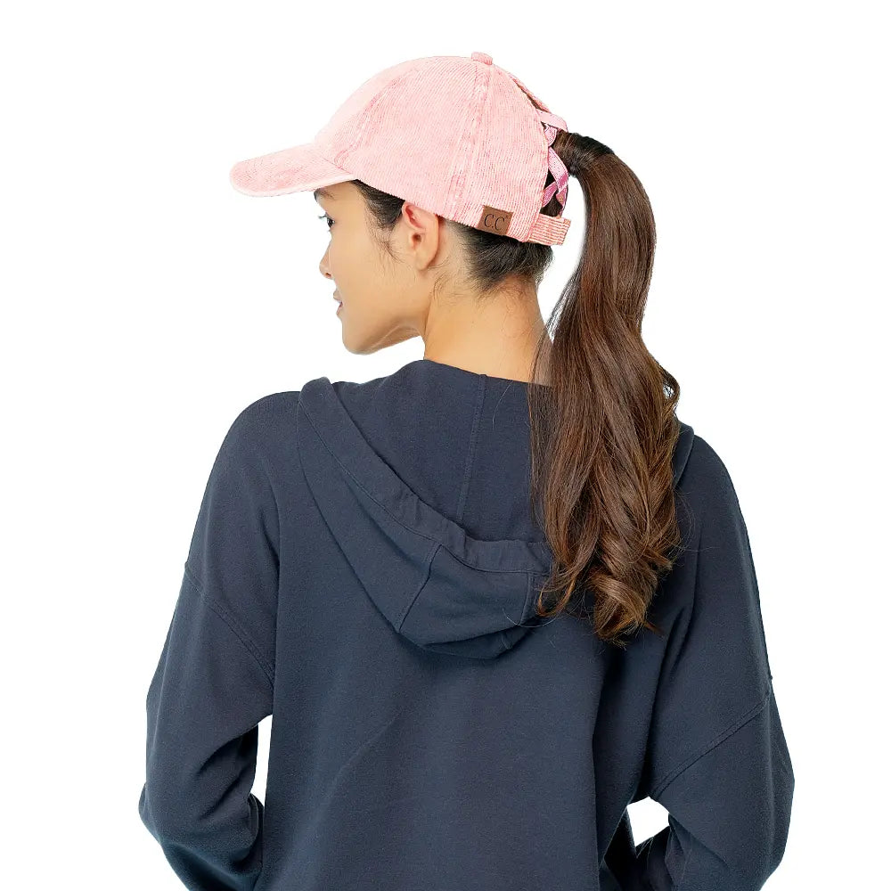 C.C Stonewashed Corduroy Criss-Cross Ponytail Baseball Cap