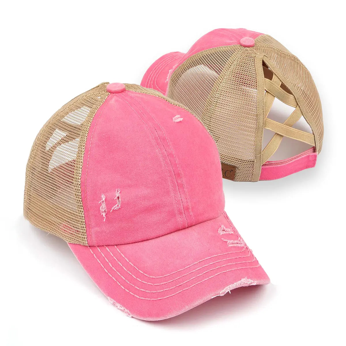 Distressed Criss-Cross Ponytail Cap