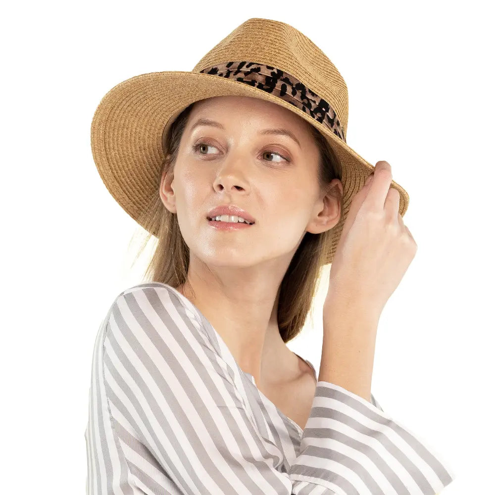 C.C Leopard Print Trim Panama Hat