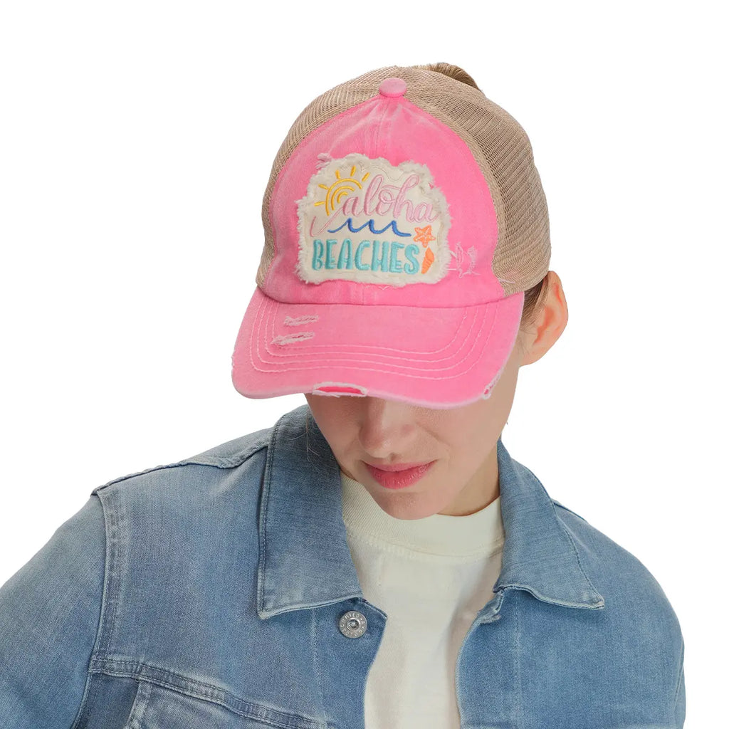 C.C Distressed Aloha Beaches Patch Criss-Cross Ponytail Baseball Cap