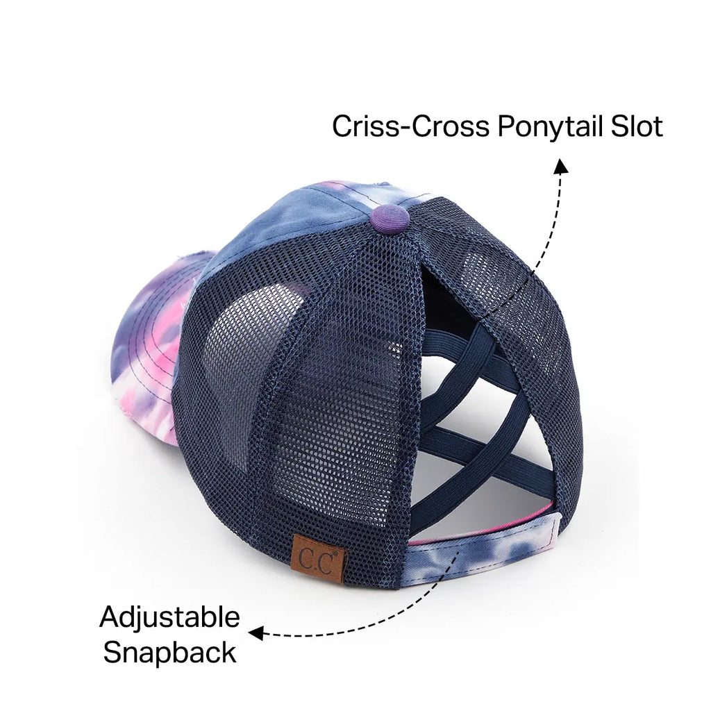C.C Distressed Tie Dye Criss-Cross Ponytail Baseball Cap