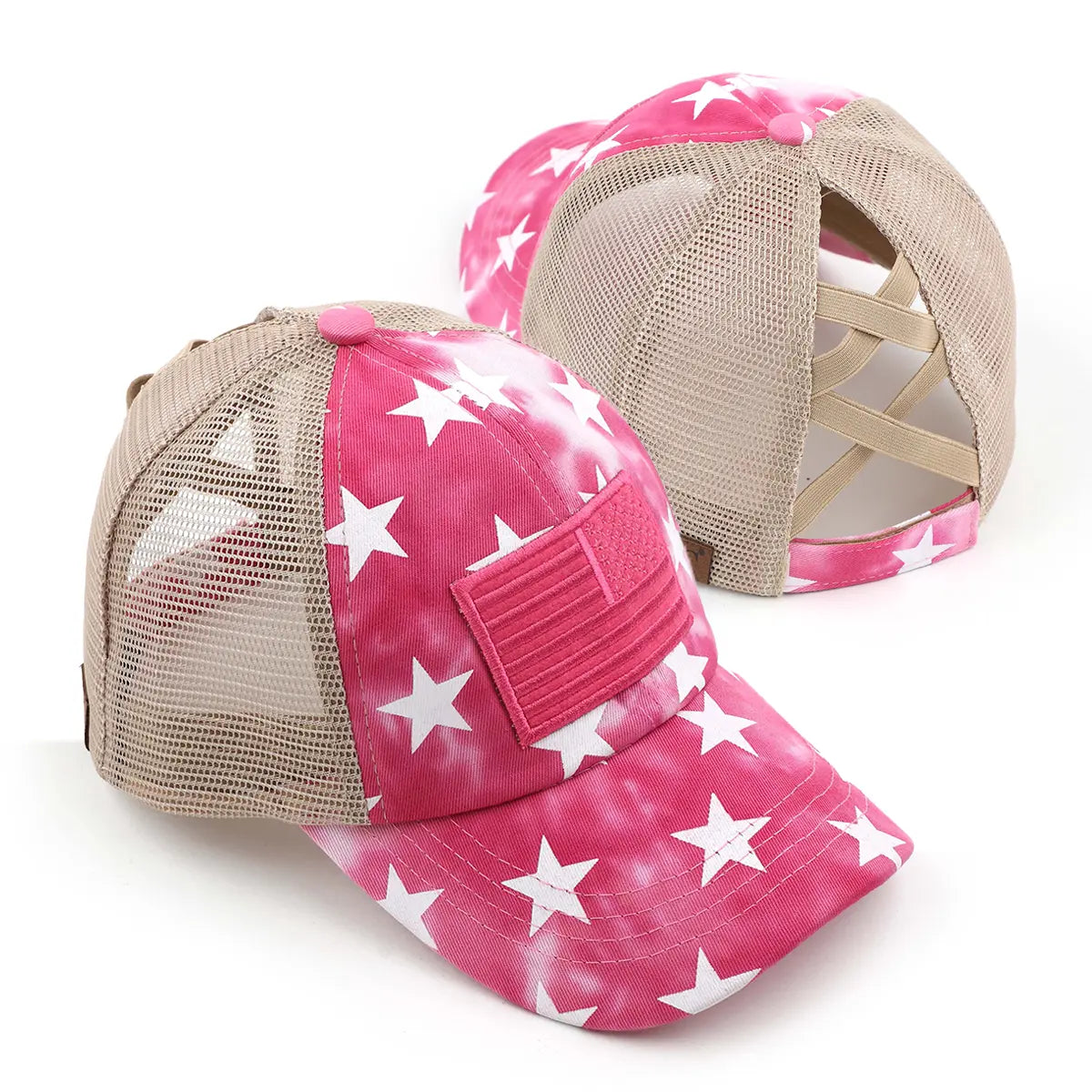 Tie-Dye Stars Flag Patch Criss-Cross Ponytail Cap