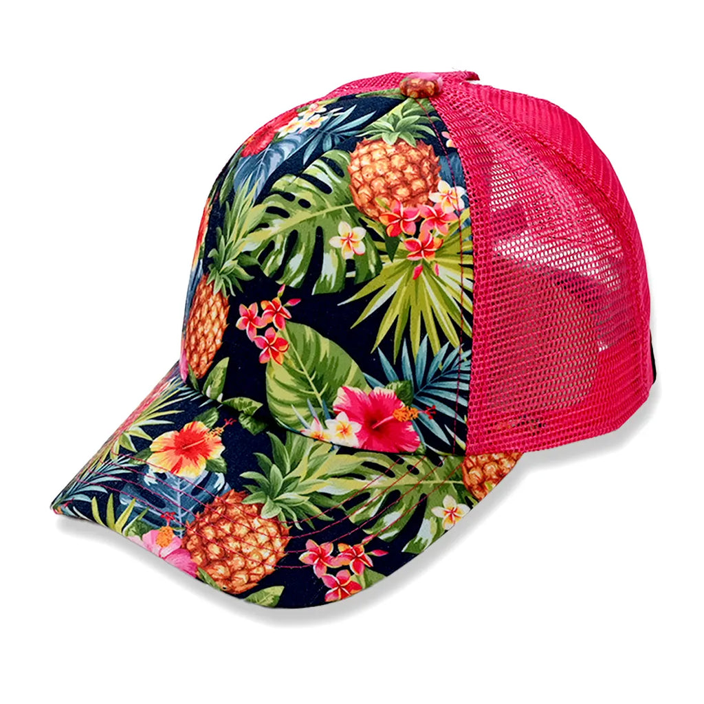 C.C Tropical Print Criss-Cross Ponytail Trucker Hat