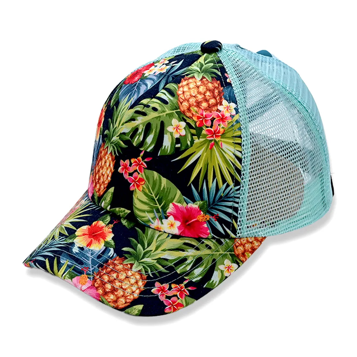 C.C Tropical Print Criss-Cross Ponytail Trucker Hat