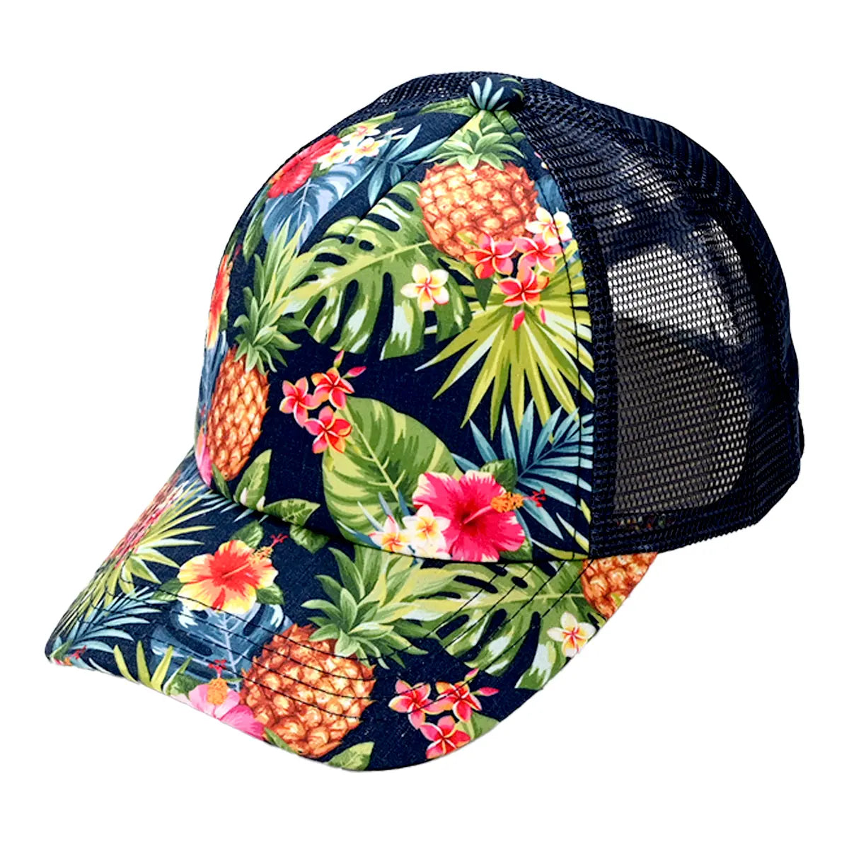 C.C Tropical Print Criss-Cross Ponytail Trucker Hat